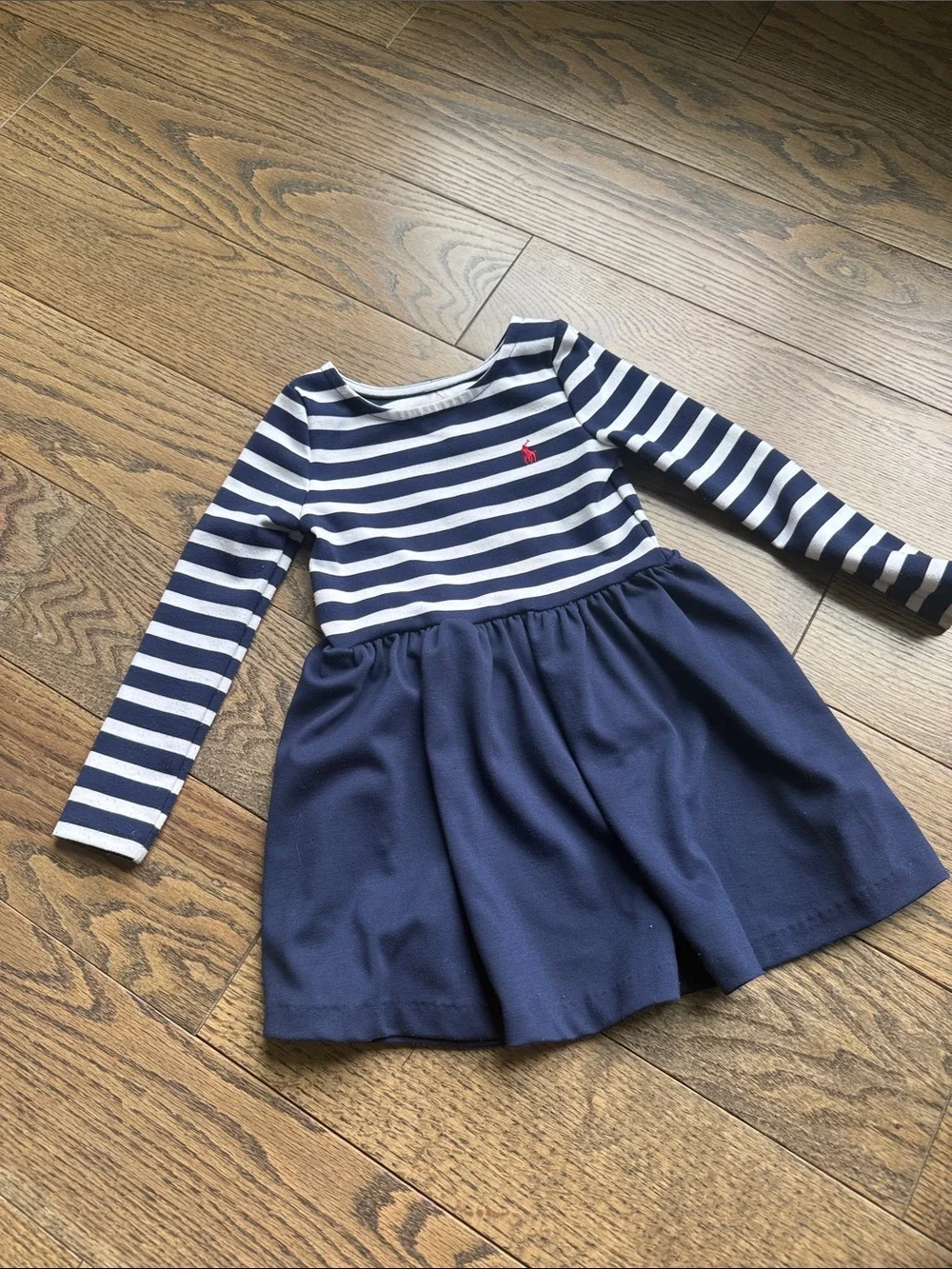 Ralph Lauren Navy, White & Red Striped Long-Sleeve Knit Dress 3T GUC